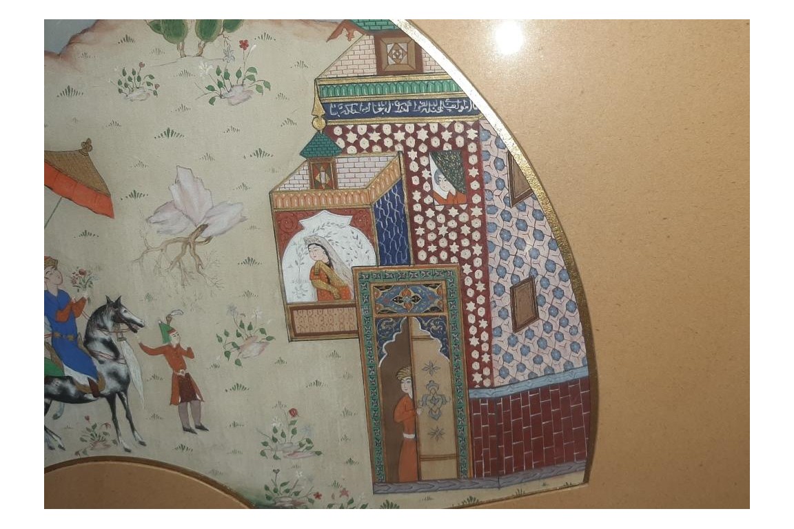 Hunting and seduction in Persia, fan leaves by Carlon, 1913