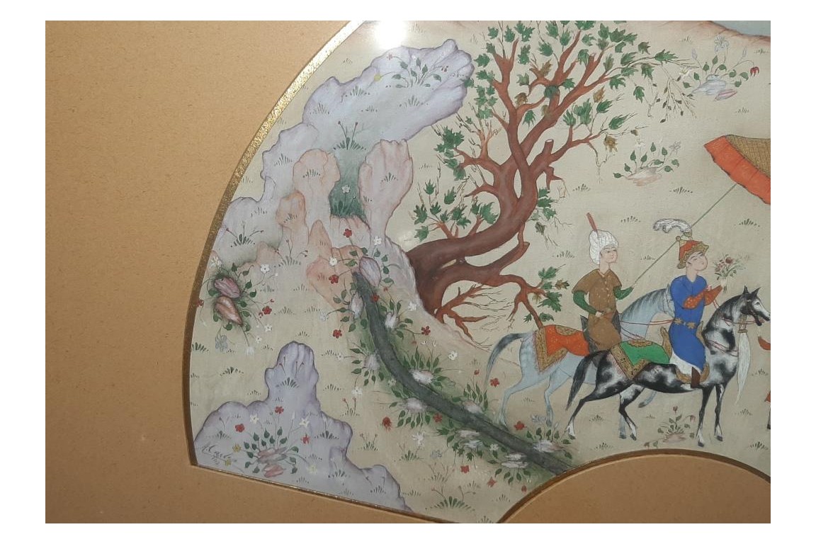 Hunting and seduction in Persia, fan leaves by Carlon, 1913