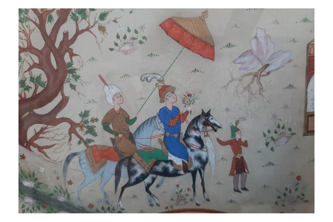 Hunting and seduction in Persia, fan leaves by Carlon, 1913
