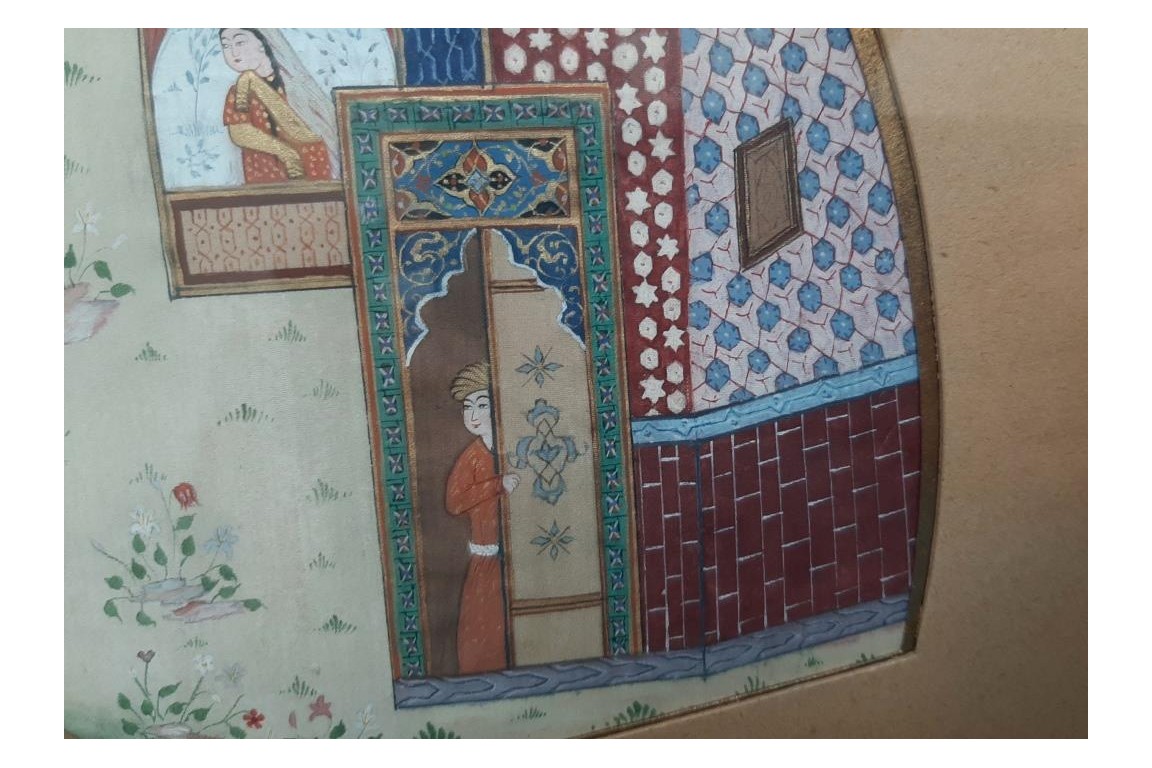 Hunting and seduction in Persia, fan leaves by Carlon, 1913