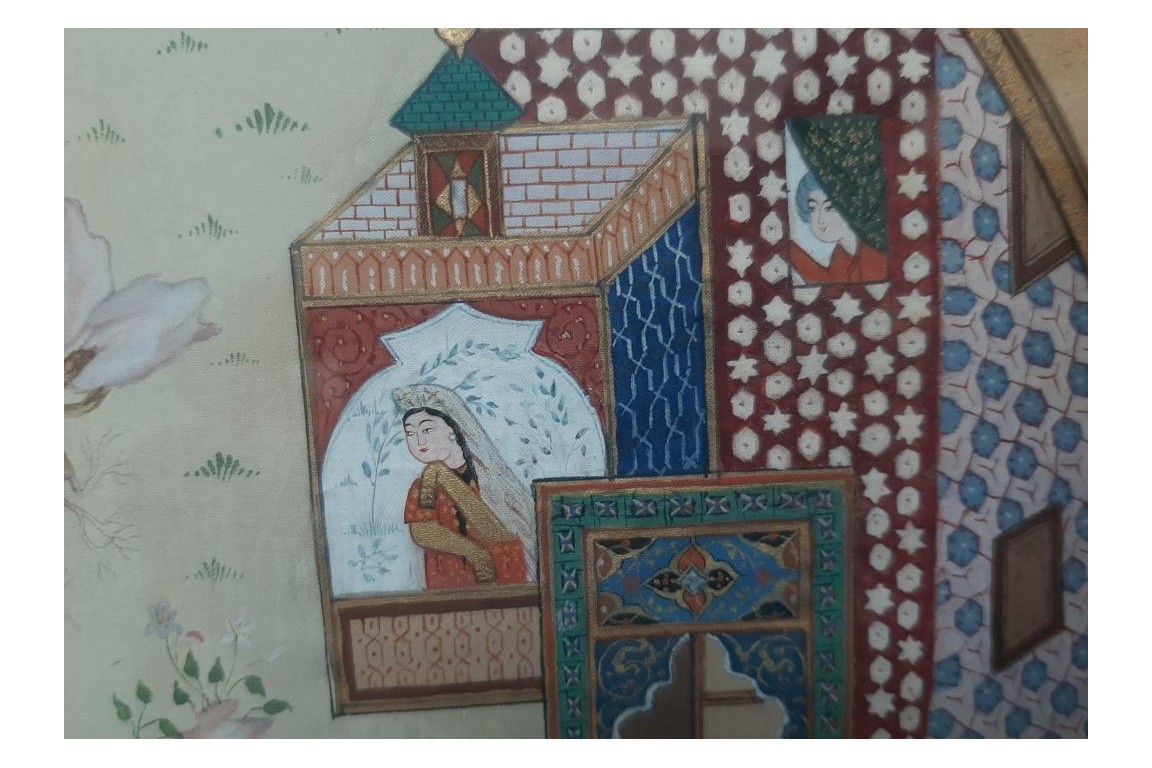 Hunting and seduction in Persia, fan leaves by Carlon, 1913