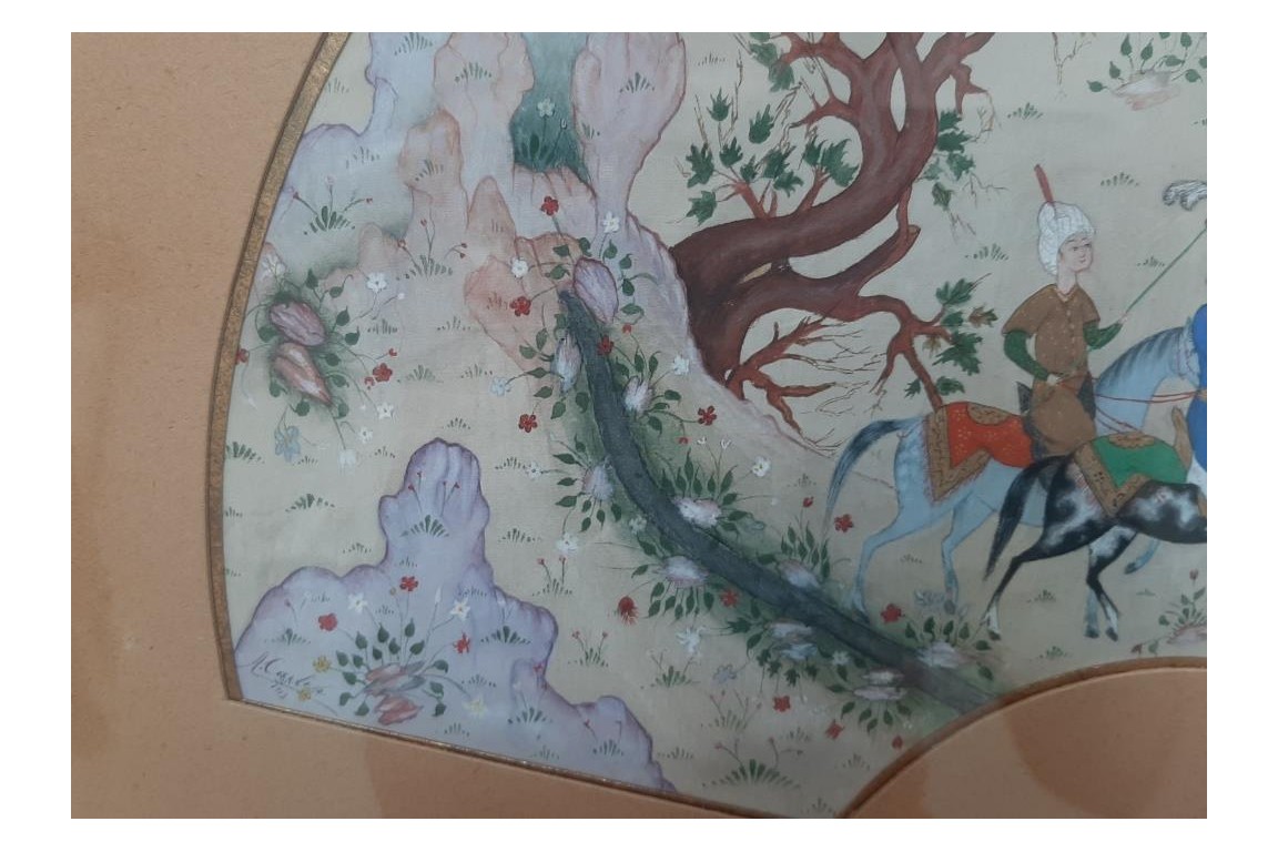 Hunting and seduction in Persia, fan leaves by Carlon, 1913
