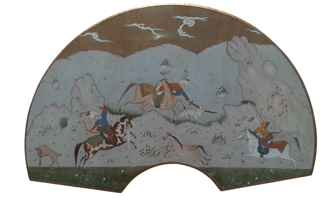 Hunting and seduction in Persia, fan leaves by Carlon, 1913
