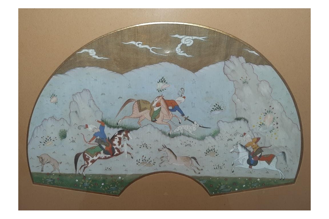 Hunting and seduction in Persia, fan leaves by Carlon, 1913