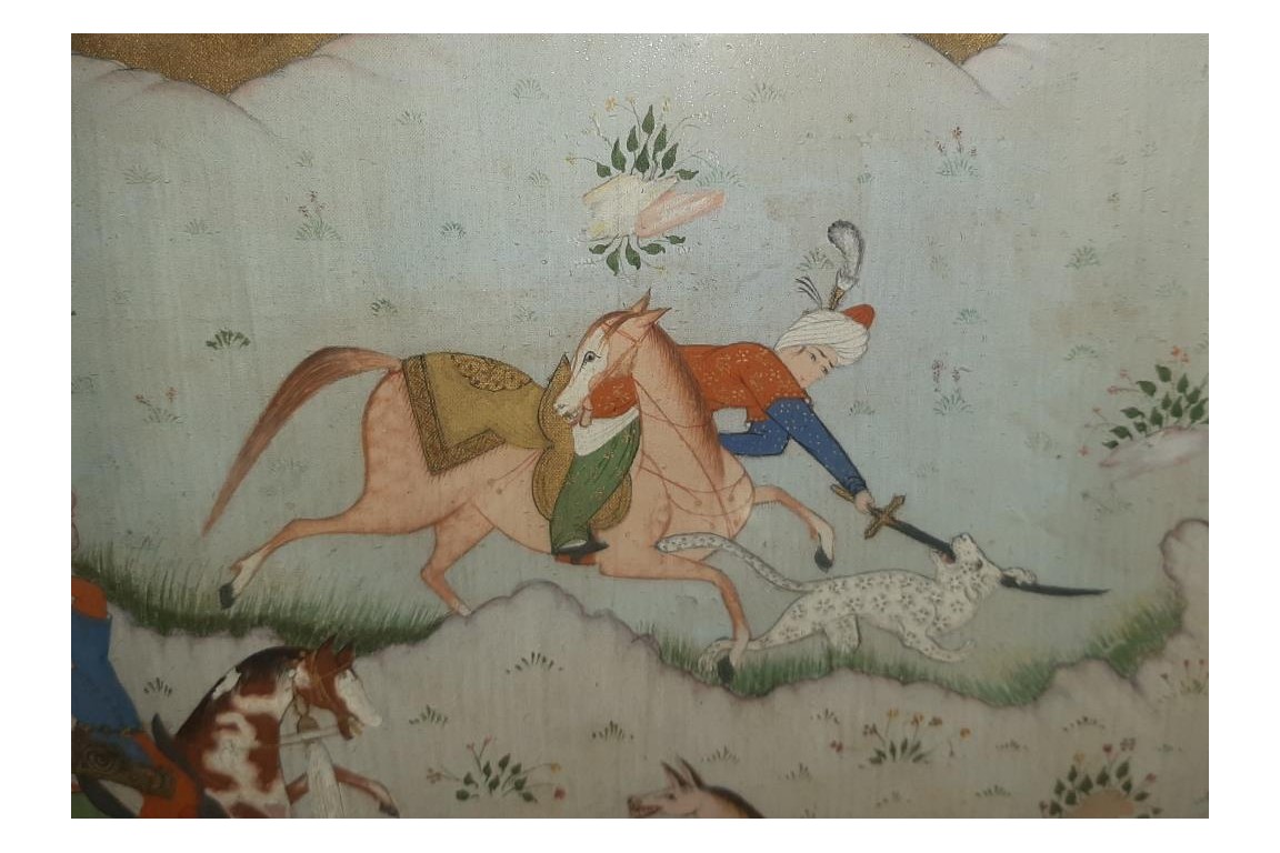 Hunting and seduction in Persia, fan leaves by Carlon, 1913