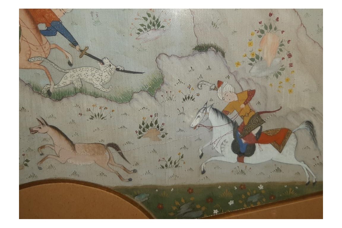Hunting and seduction in Persia, fan leaves by Carlon, 1913