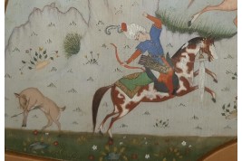 Hunting and seduction in Persia, fan leaves by Carlon, 1913
