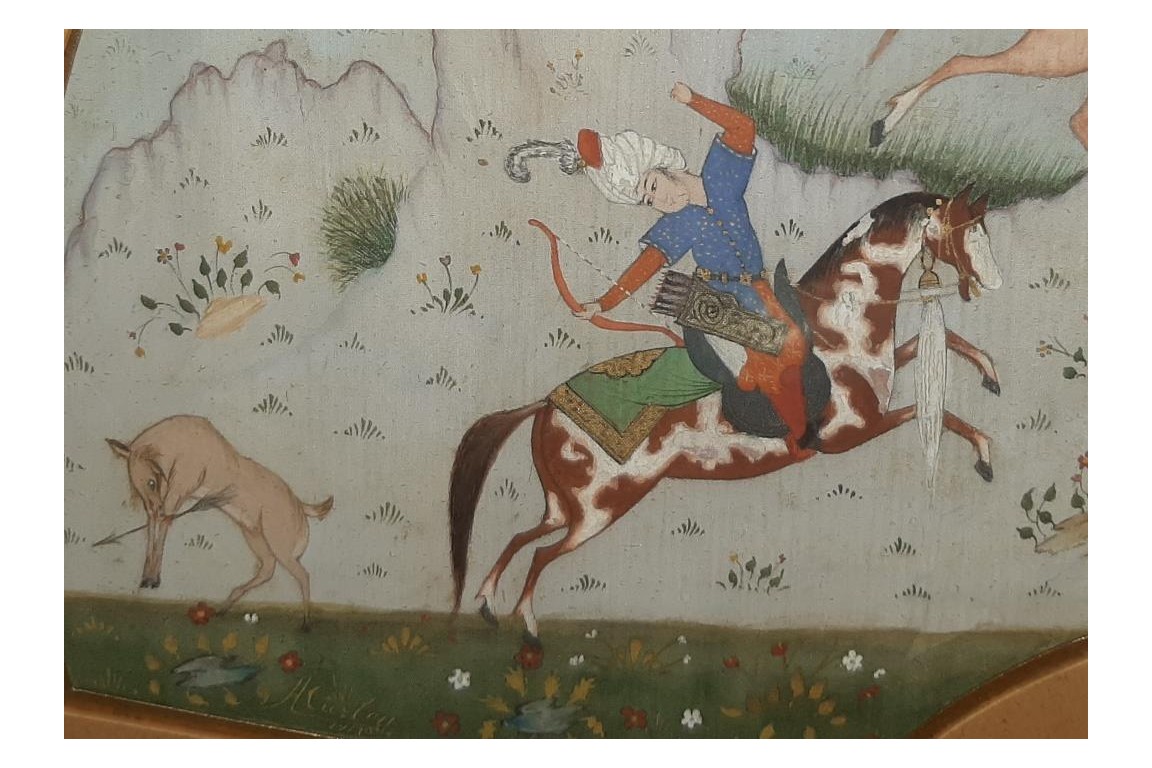 Hunting and seduction in Persia, fan leaves by Carlon, 1913
