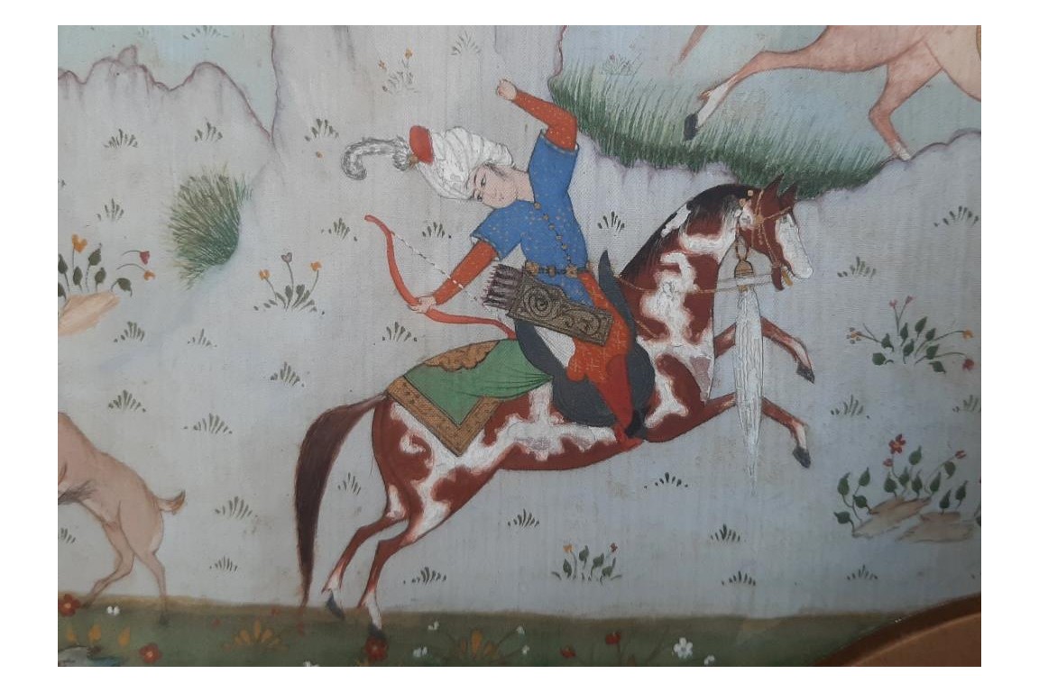 Hunting and seduction in Persia, fan leaves by Carlon, 1913
