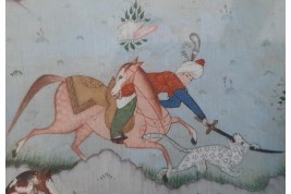 Hunting and seduction in Persia, fan leaves by Carlon, 1913