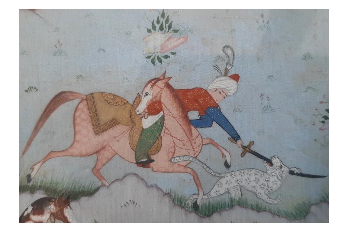Hunting and seduction in Persia, fan leaves by Carlon, 1913