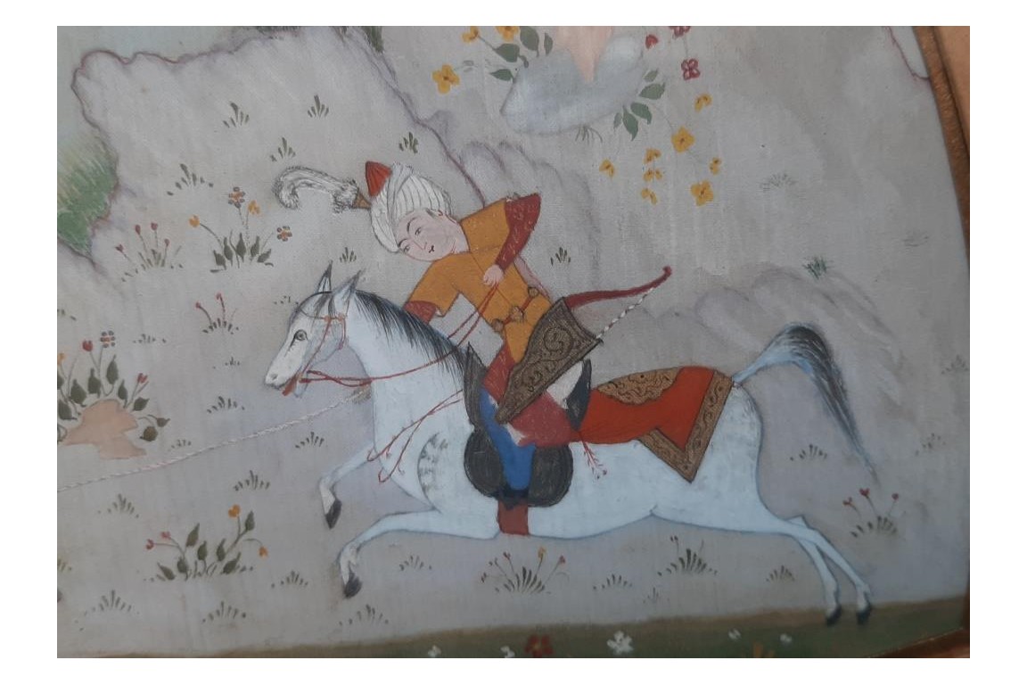 Hunting and seduction in Persia, fan leaves by Carlon, 1913