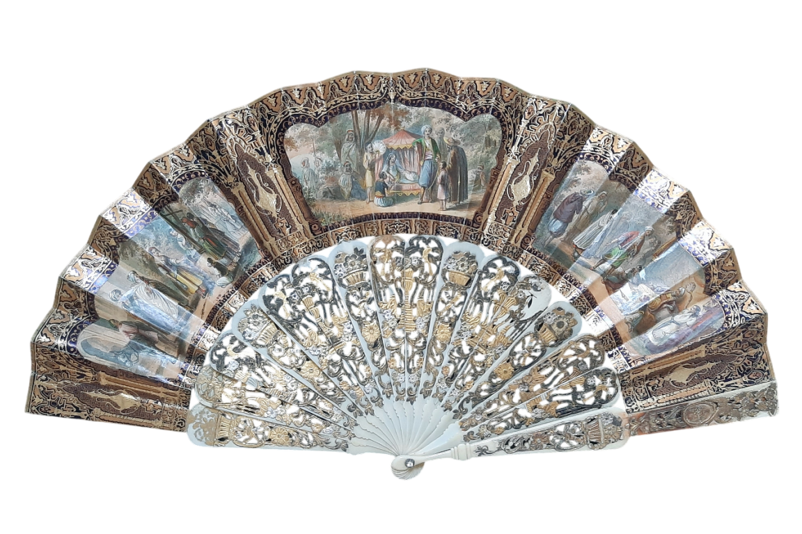 Romance d'Arabie, éventail et sa lithographie vers 1850-60