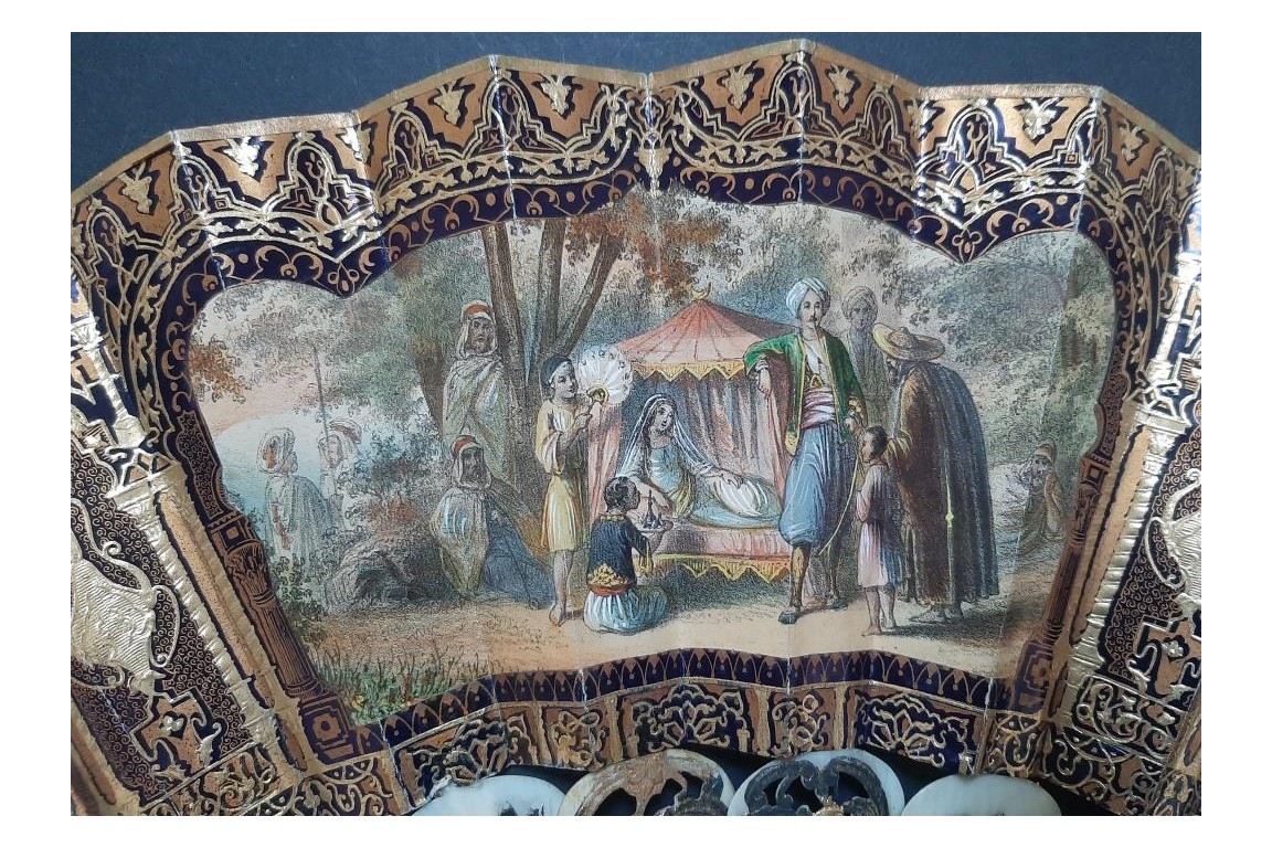 Romance d'Arabie, éventail et sa lithographie vers 1850-60