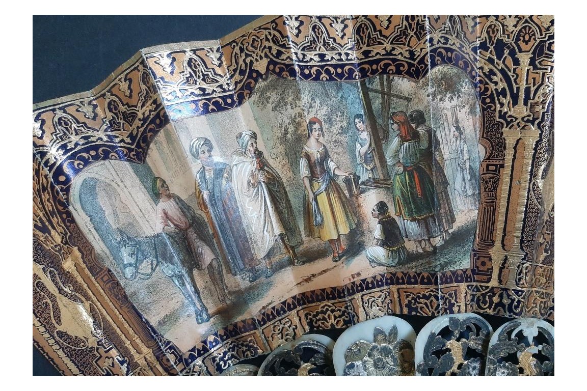 Romance d'Arabie, éventail et sa lithographie vers 1850-60