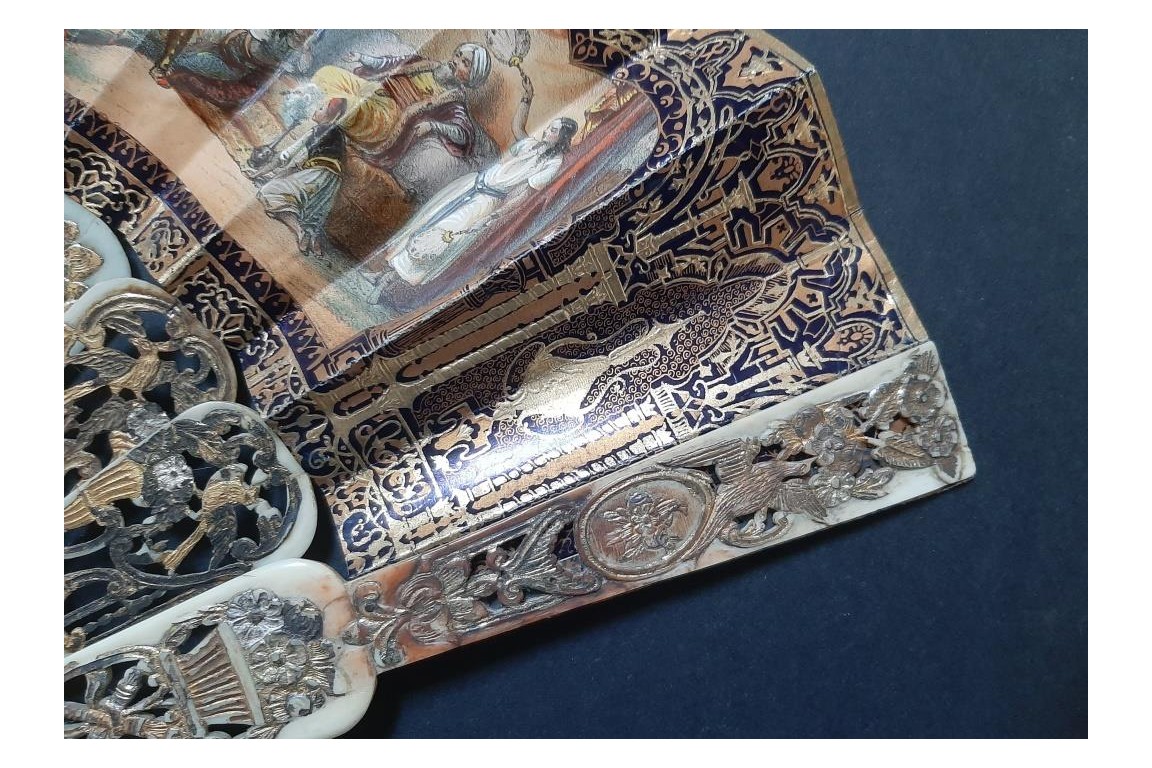 Romance d'Arabie, éventail et sa lithographie vers 1850-60