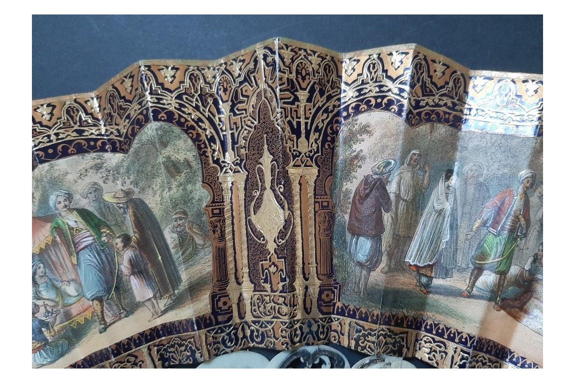Romance d'Arabie, éventail et sa lithographie vers 1850-60