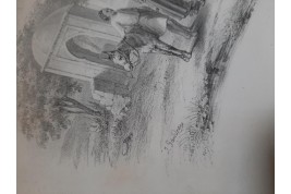 Romance d'Arabie, éventail et sa lithographie vers 1850-60