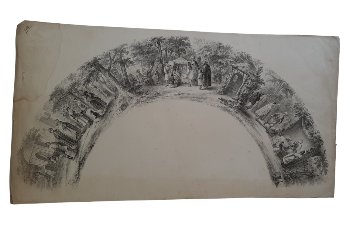 Romance d'Arabie, éventail et sa lithographie vers 1850-60