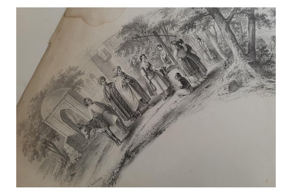 Romance d'Arabie, éventail et sa lithographie vers 1850-60