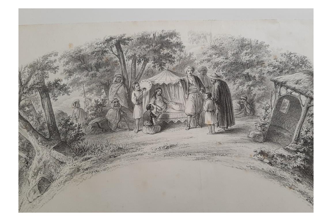 Romance d'Arabie, éventail et sa lithographie vers 1850-60