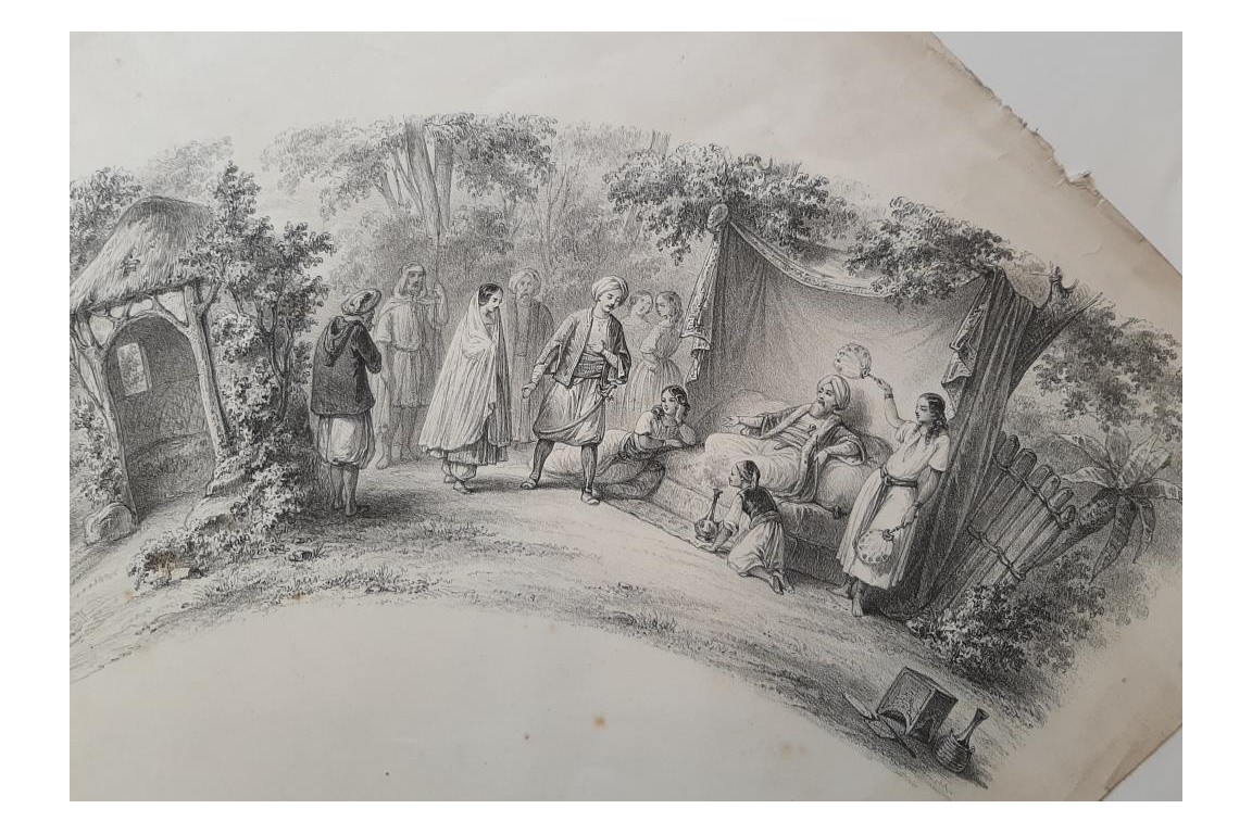 Romance d'Arabie, éventail et sa lithographie vers 1850-60