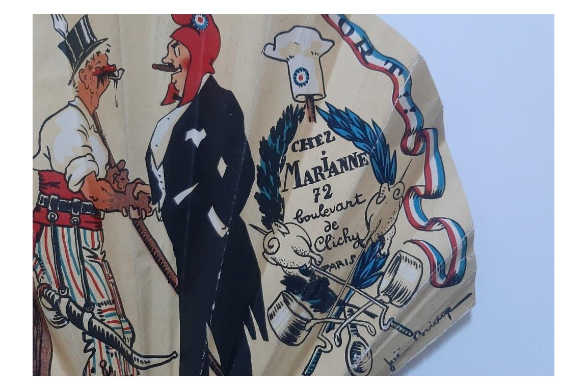 Chez Marianne, éventail publicitaire et autographe, période Art Déco