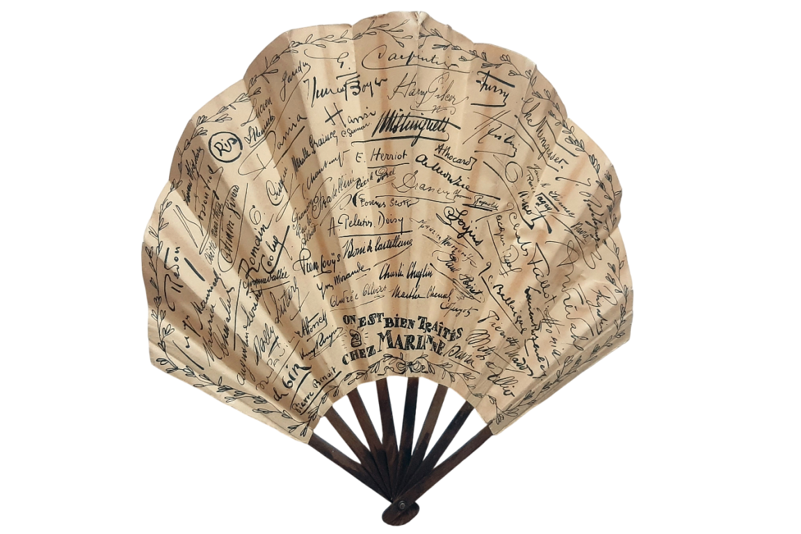 Chez Marianne, advertising and autograph fan, Art Deco period