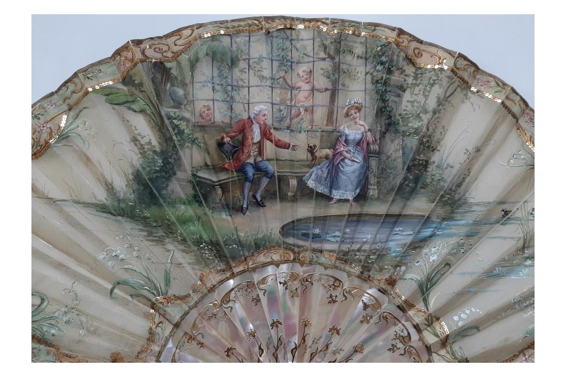L'amour espion, éventail dedans-dehors vers 1900