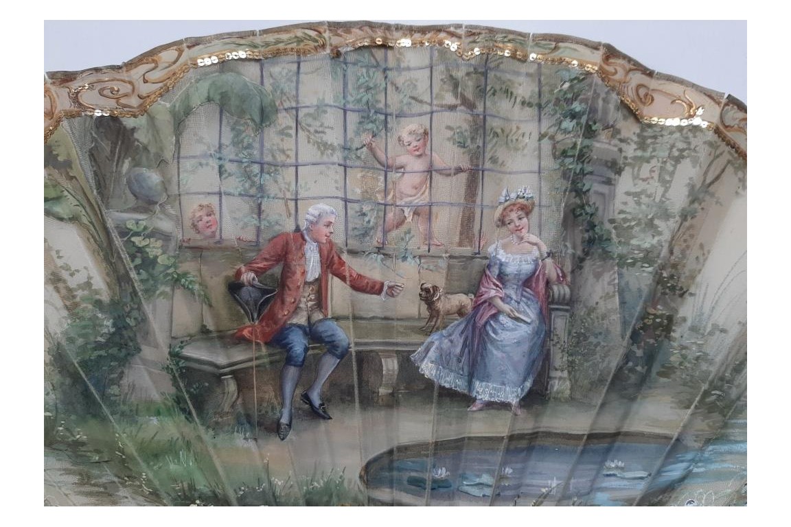 L'amour espion, éventail dedans-dehors vers 1900