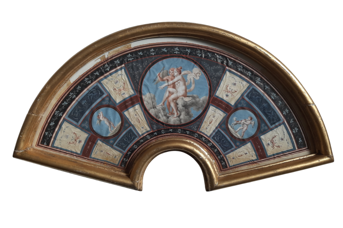 Venus et Cupidon, d'après Raphael. feuille d'éventail du Grand Tour XVIIIème siècle