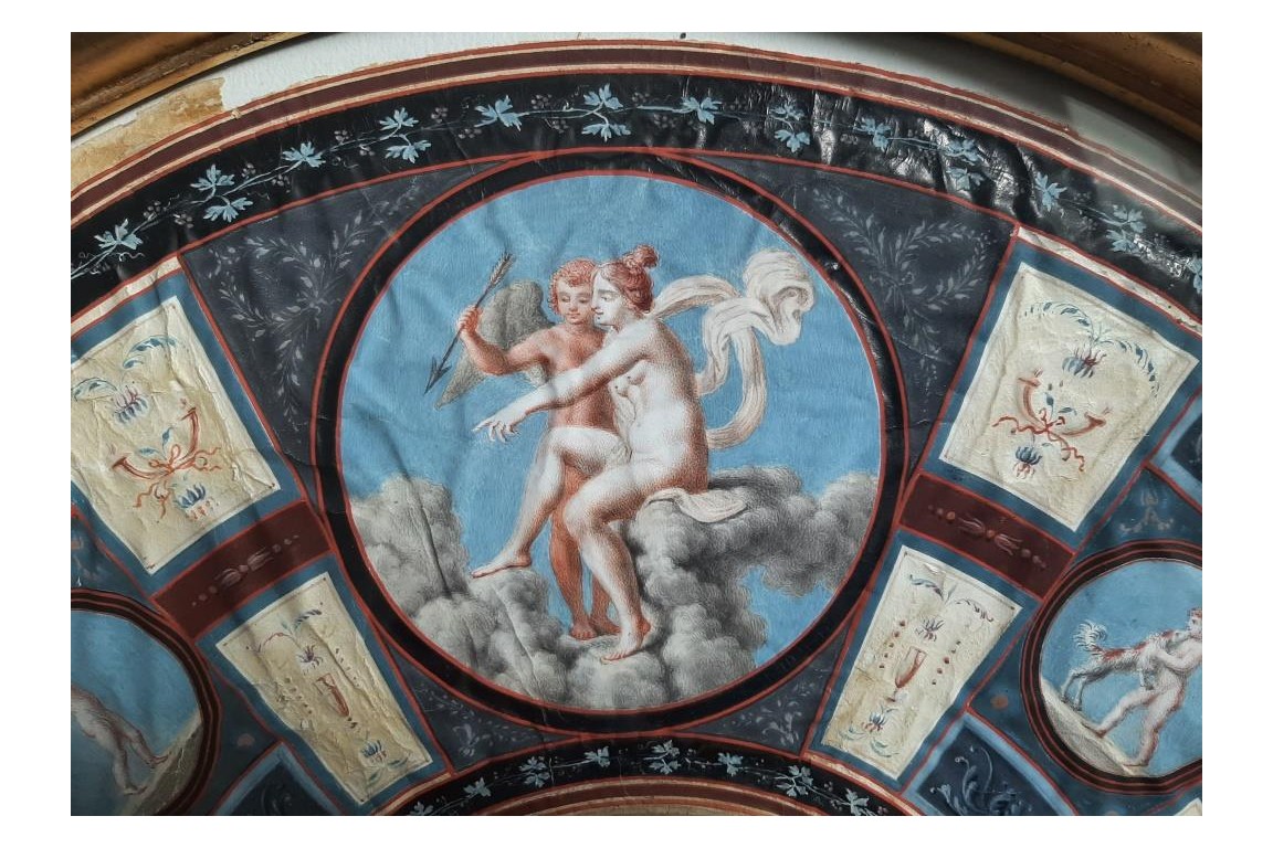 Venus et Cupidon, d'après Raphael. feuille d'éventail du Grand Tour XVIIIème siècle