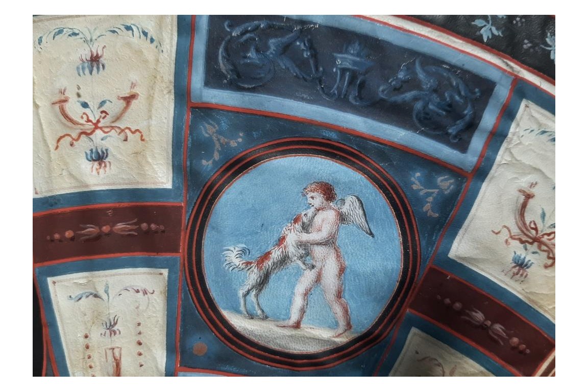 Venus et Cupidon, d'après Raphael. feuille d'éventail du Grand Tour XVIIIème siècle