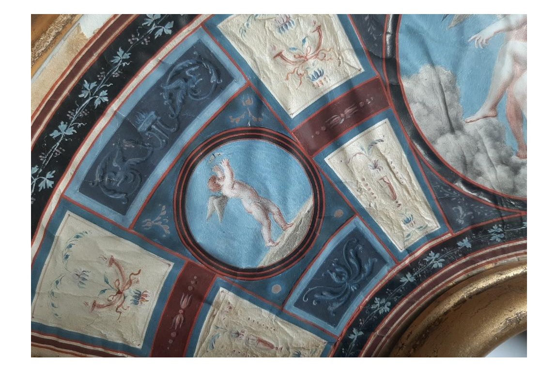 Venus et Cupidon, d'après Raphael. feuille d'éventail du Grand Tour XVIIIème siècle