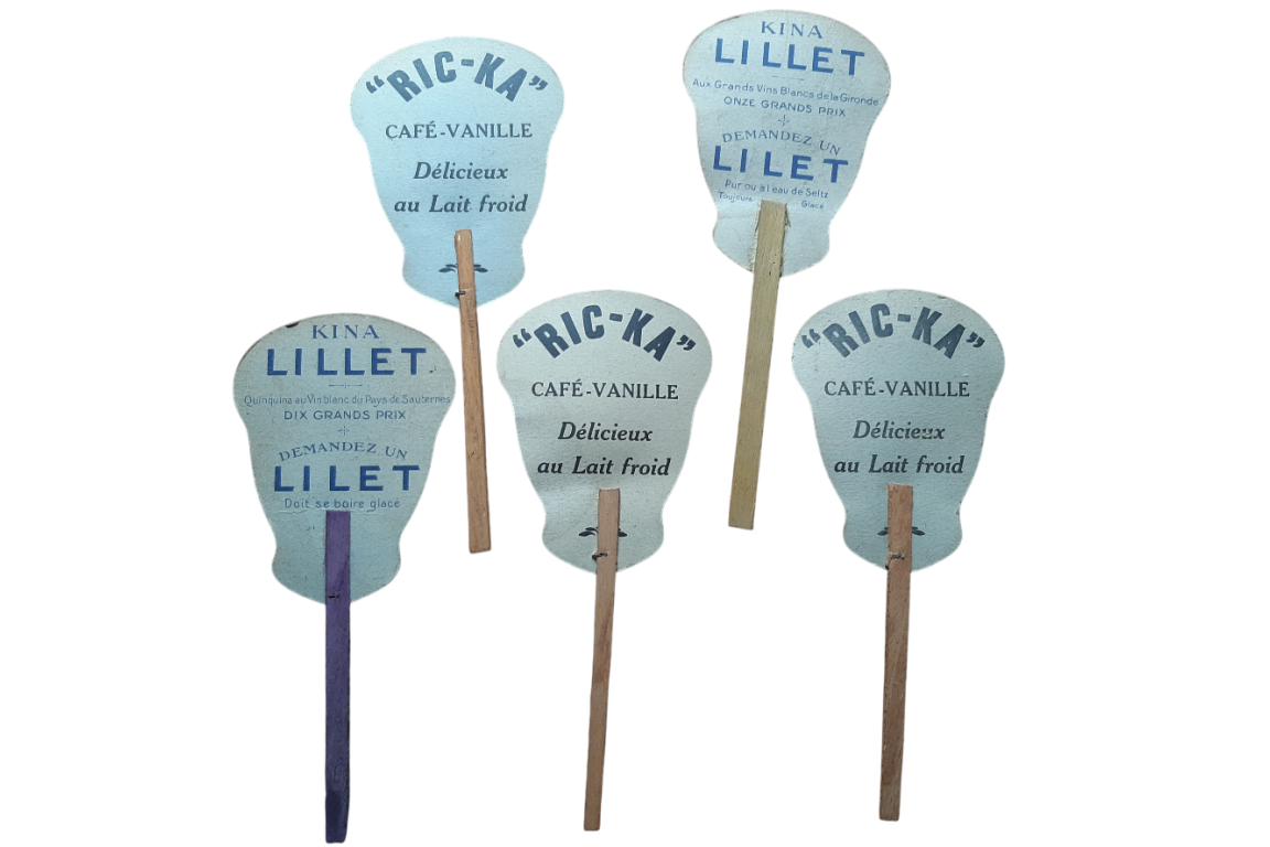 One cat and four dogs, advertising fixed fans for Kina Lillet and Ric-Ka