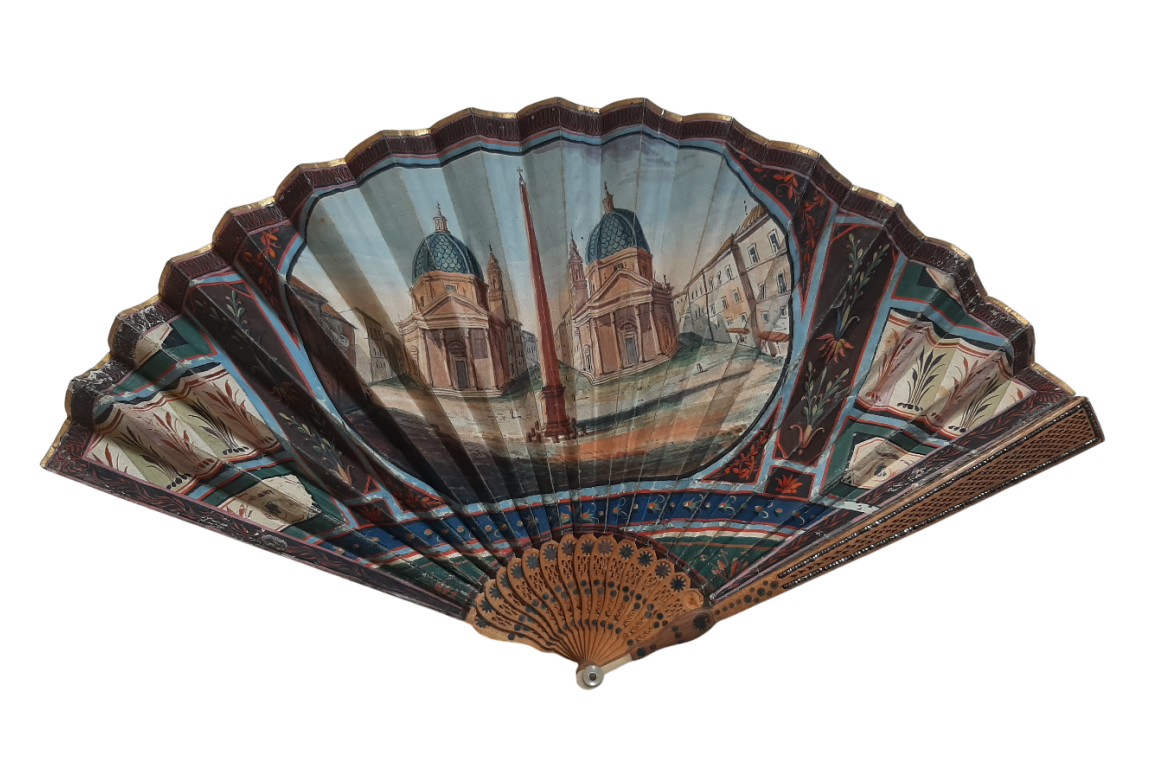 Piazza del Popolo and Vesuvius from Pompeii (?), fan circa 1805–1810