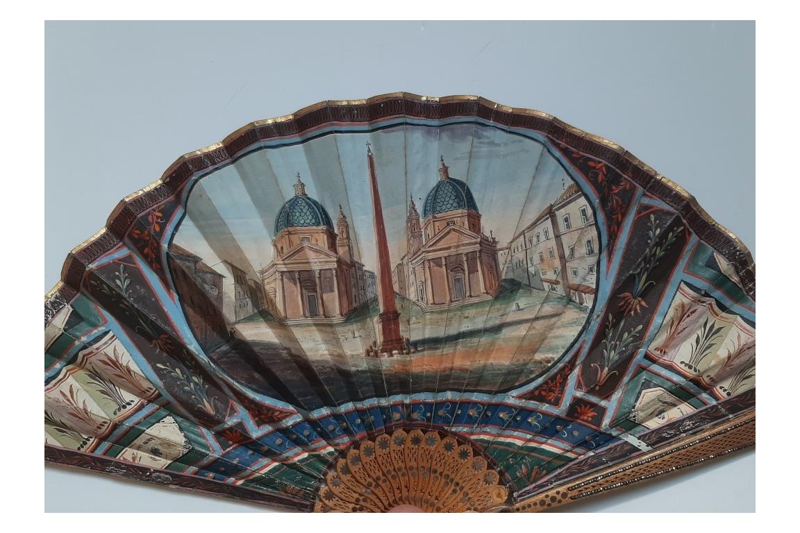 Piazza del Popolo and Vesuvius from Pompeii (?), fan circa 1805–1810