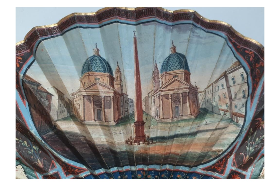Piazza del Popolo et le Vésuve depuis Pompeï (?) , éventail vers 1805-1810