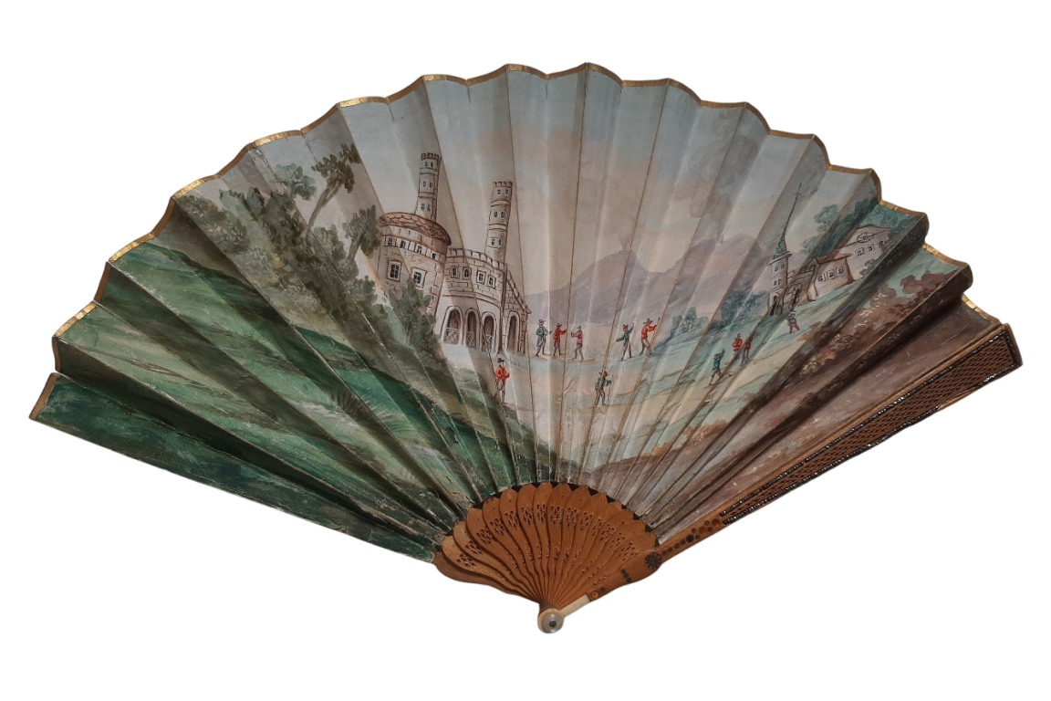 Piazza del Popolo and Vesuvius from Pompeii (?), fan circa 1805–1810