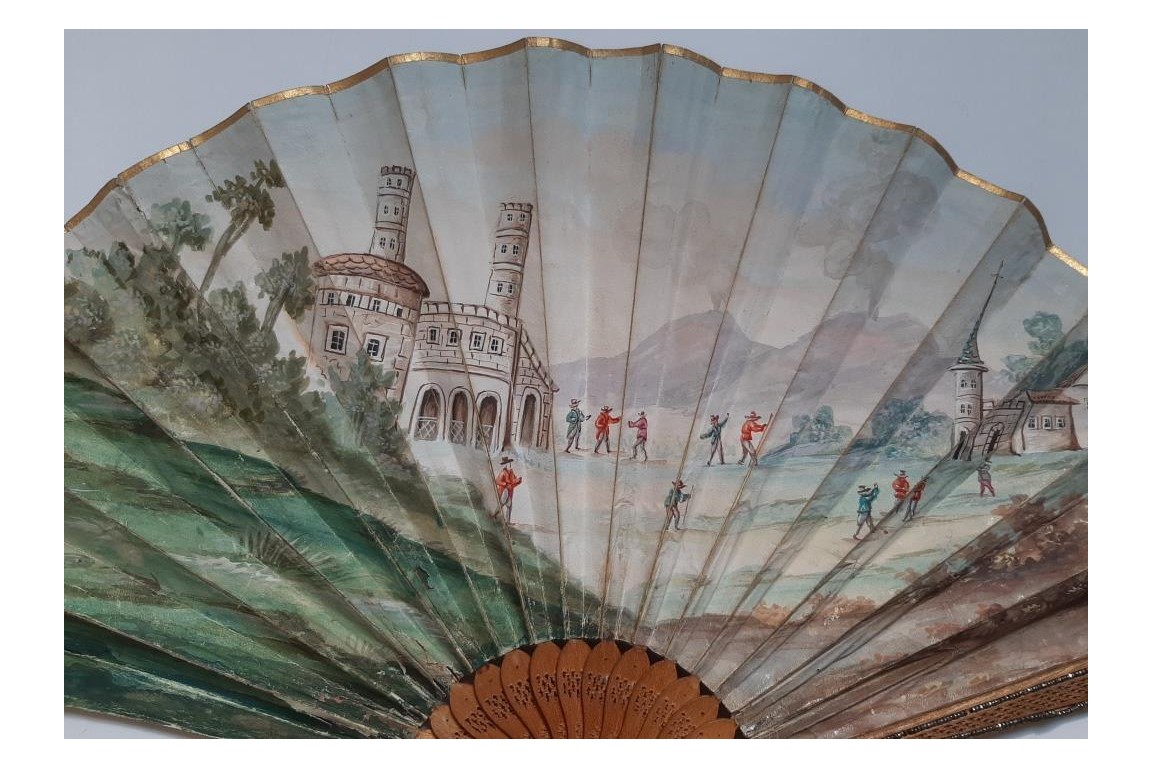 Piazza del Popolo and Vesuvius from Pompeii (?), fan circa 1805–1810