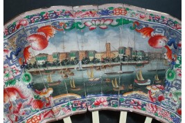American and European trading posts in Canton, Chinese fan, circa 1847-1856