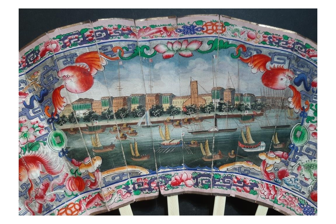American and European trading posts in Canton, Chinese fan, circa 1847-1856