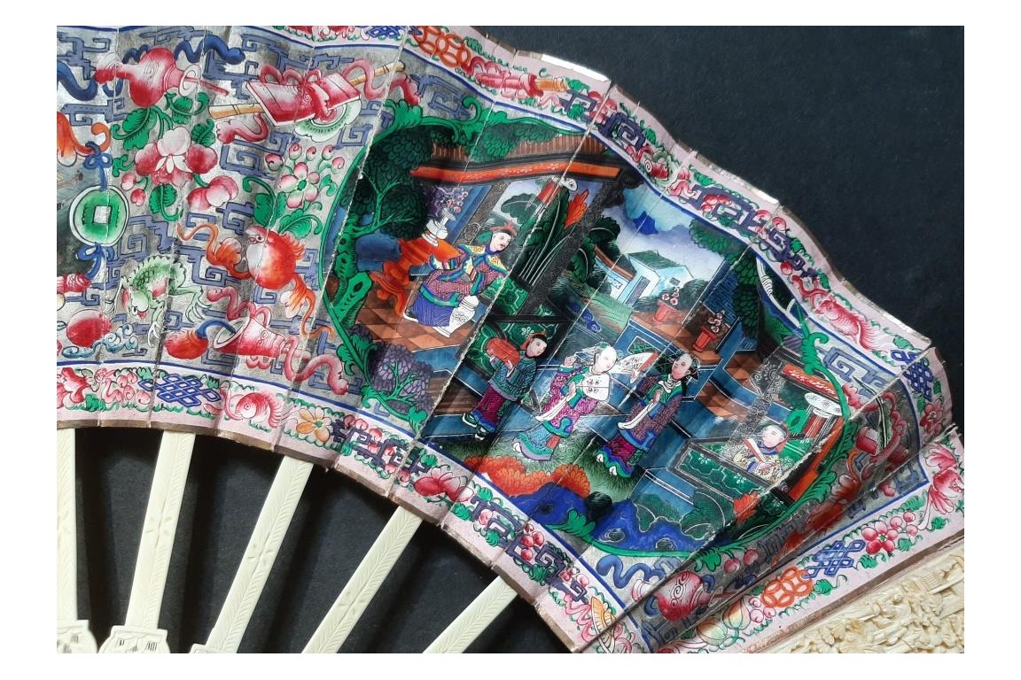 American and European trading posts in Canton, Chinese fan, circa 1847-1856