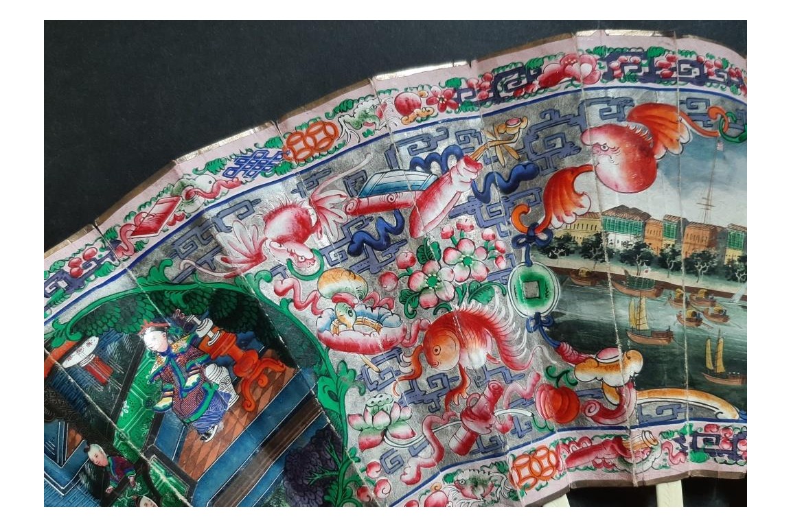 American and European trading posts in Canton, Chinese fan, circa 1847-1856