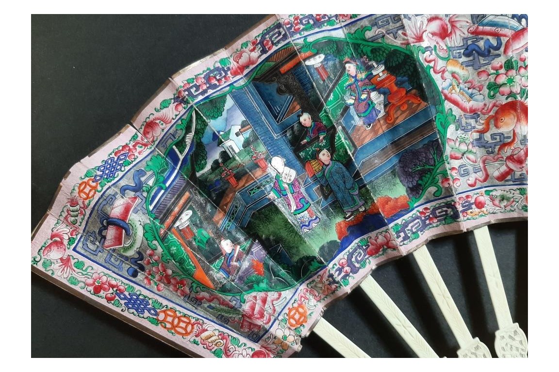 American and European trading posts in Canton, Chinese fan, circa 1847-1856