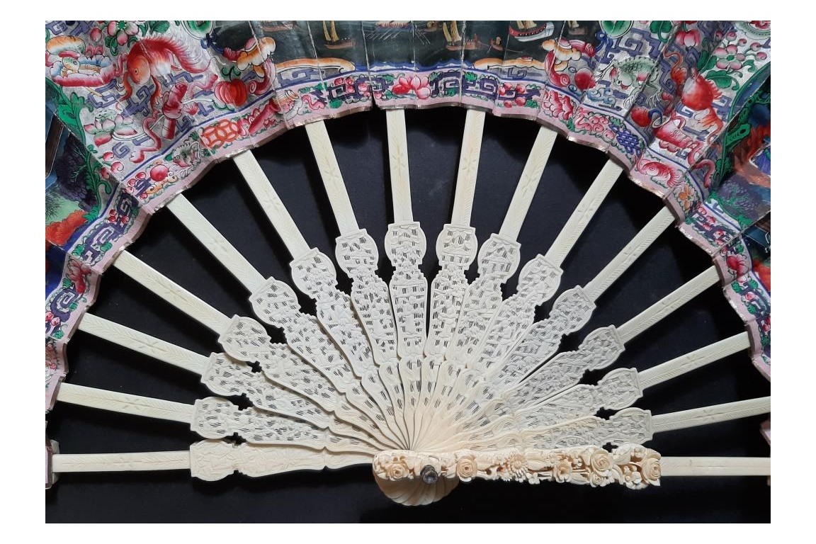 American and European trading posts in Canton, Chinese fan, circa 1847-1856