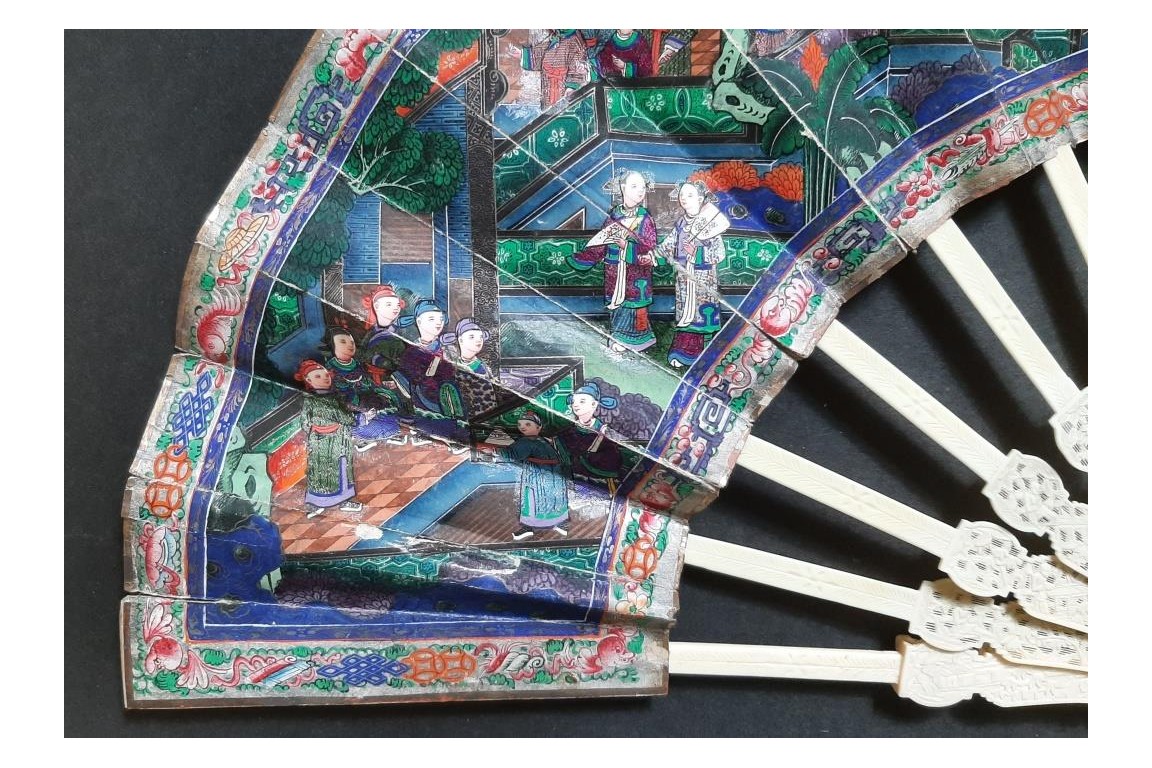 American and European trading posts in Canton, Chinese fan, circa 1847-1856