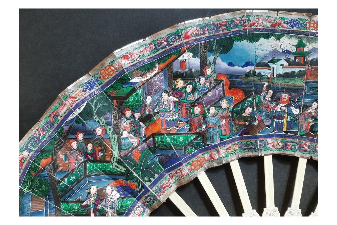 American and European trading posts in Canton, Chinese fan, circa 1847-1856