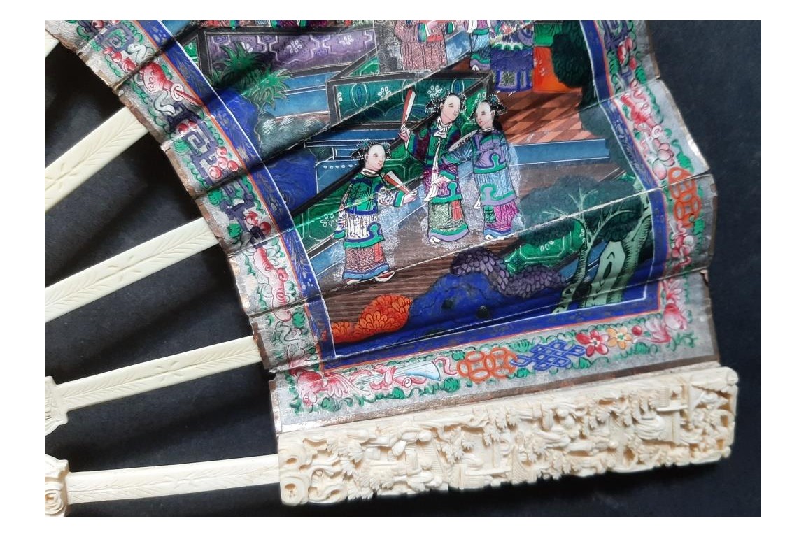 American and European trading posts in Canton, Chinese fan, circa 1847-1856