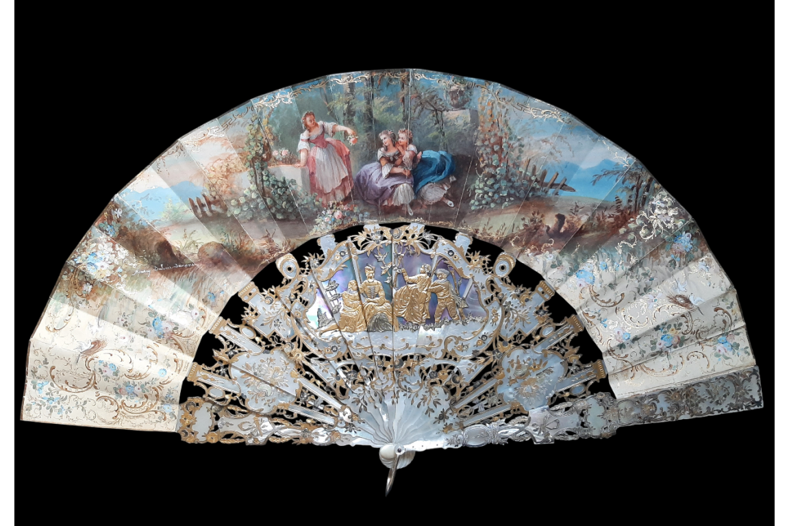 Young girls in bloom and swing, fan by Masly Dubois-Davesnes circa 1865
